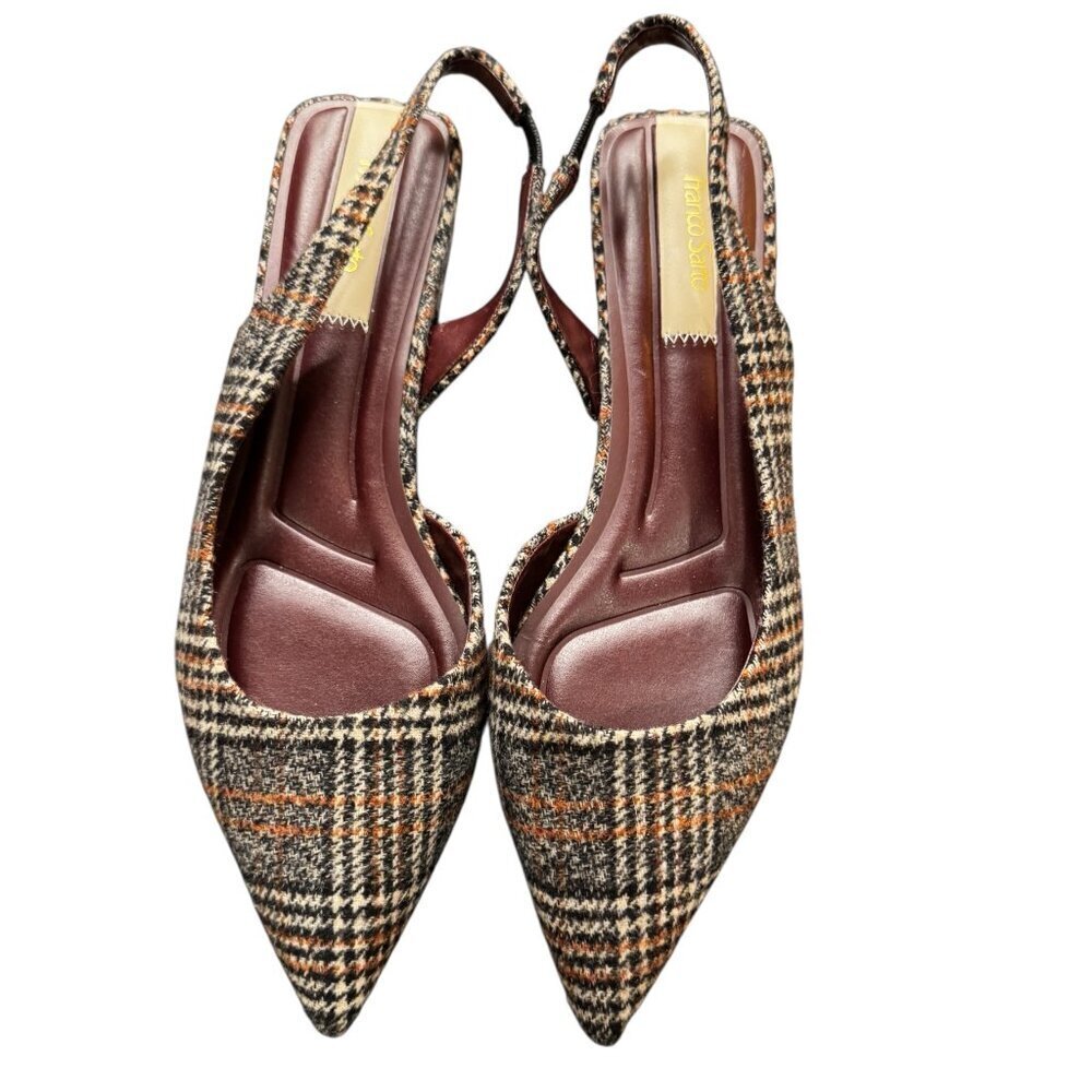 Franco Sarto Plaid Pointed Slingback Mules in Brown and Tan